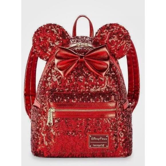 New DISNEY LOUNGEFLY Exclusive Red Sequin MINNIE MOUSE EARS Mini Backpack NWT - Picture 1 of 4